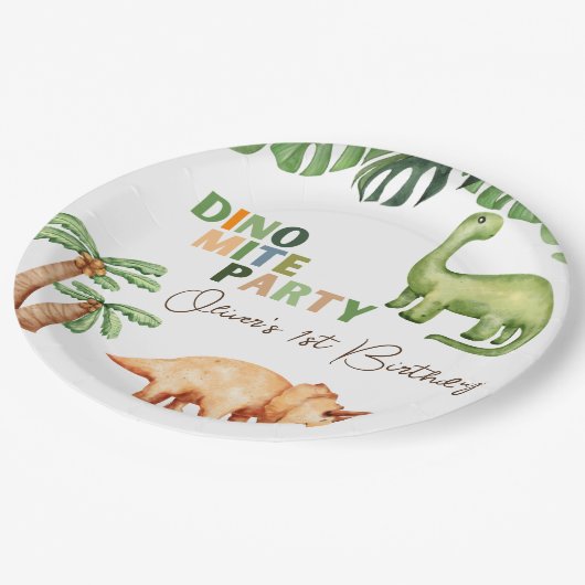 Dino-mite feest 1e verjaardag papieren bordje (Gekanteld)