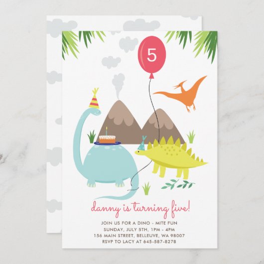 Dino Mite Fun Verjaardagsfeest uitnodiging (Voorkant / Achterkant)