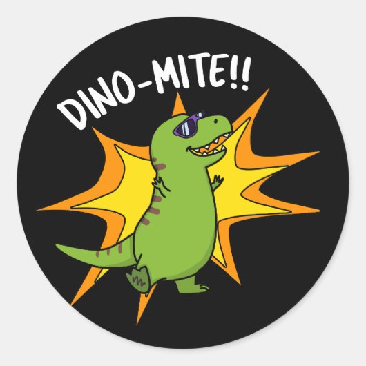 Dino-mite Funny TRex Dinosaur Pun Dark BG Ronde Sticker (Voorkant)