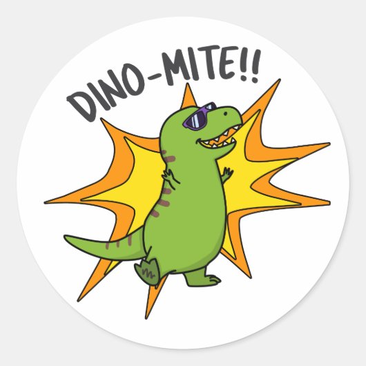 Dino-mite Funny TRex Dinosaur Pun Ronde Sticker (Voorkant)
