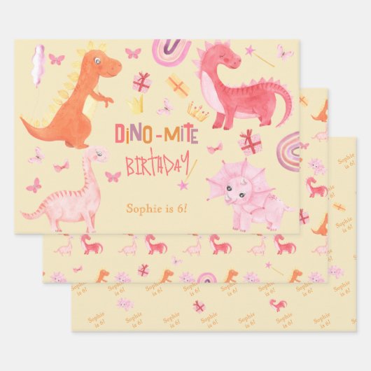 Dino-mite roze dino verjaardag partij inpakpapier vel (Set)