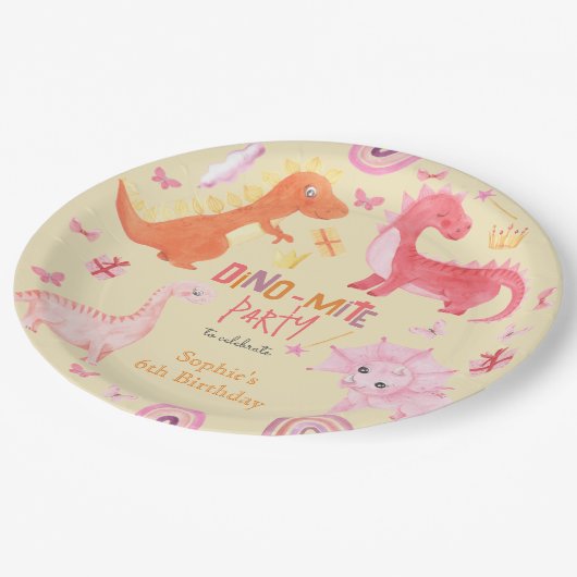 Dino-mite roze dino verjaardag partij papieren bordje (Gekanteld)