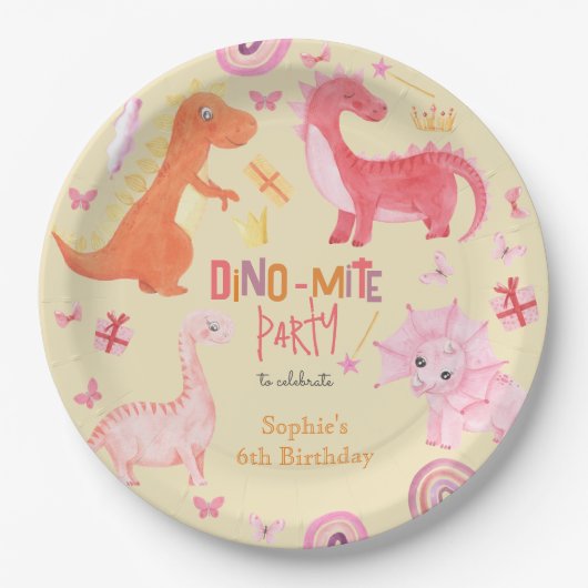 Dino-mite roze dino verjaardag partij papieren bordje (Voorkant)