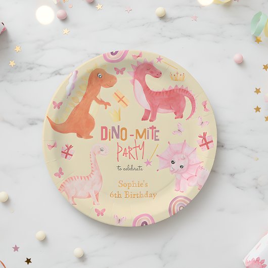 Dino-mite roze dino verjaardag partij papieren bordje