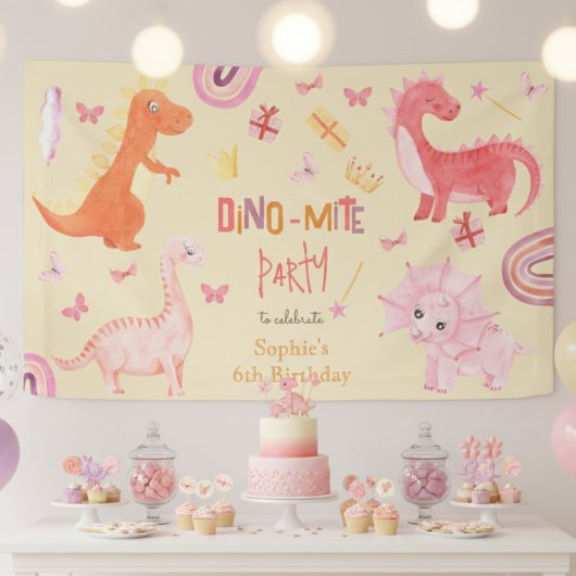 Dino-mite roze dino verjaardag partij spandoek