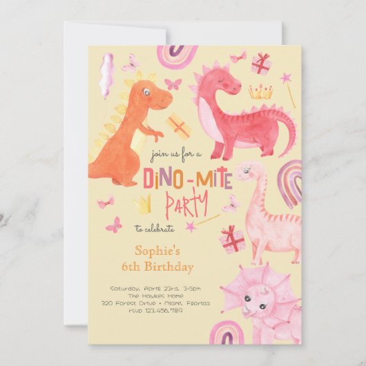 Dino-mite roze dino verjaardagsfeestuitnodiging kaart (Voorkant)