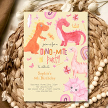 Dino-mite roze dino verjaardagsfeestuitnodiging