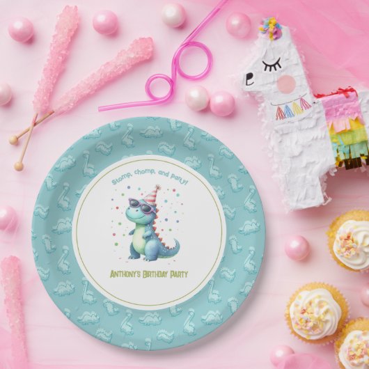 Dino-Mite "Stomp, Chomp & Party" Dinosaurus Verjaa Papieren Bordje (Feest)