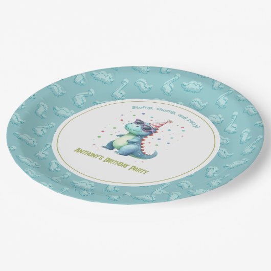 Dino-Mite "Stomp, Chomp & Party" Dinosaurus Verjaa Papieren Bordje (Gekanteld)