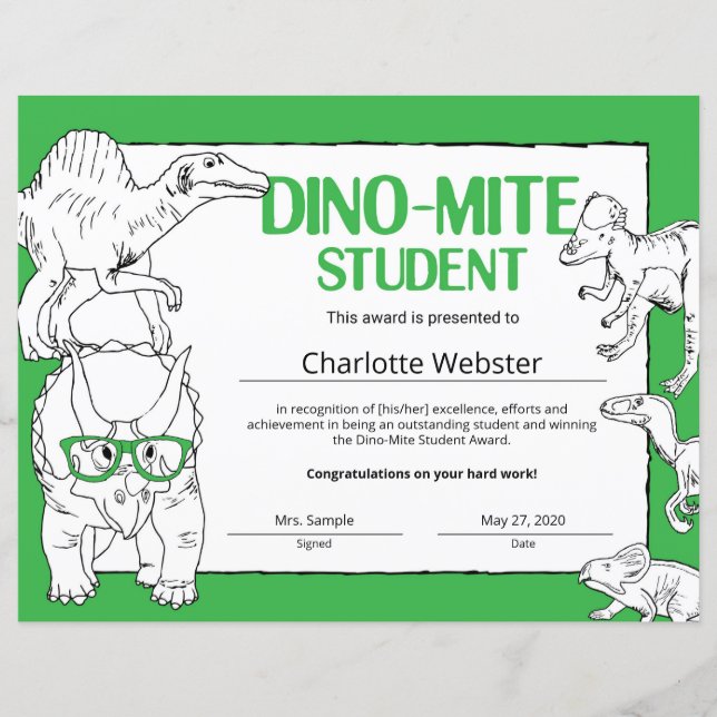 Dino-Mite-studentenherkenningscertificaten (Voorkant)