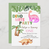 Dino-mite t-rex verjaardagsfeestje roze kaart (Voorkant / Achterkant)