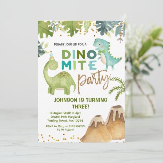 Dino-mite t-rex verjaardagsfeestje uitnodiging (Staand voorkant)