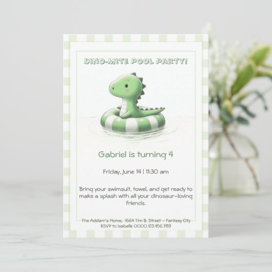 Dino-Mite Verjaardag Pool Party Uitnodiging (Staand voorkant)