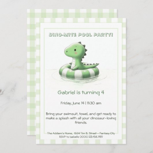 Dino-Mite Verjaardag Pool Party Uitnodiging (Voorkant / Achterkant)