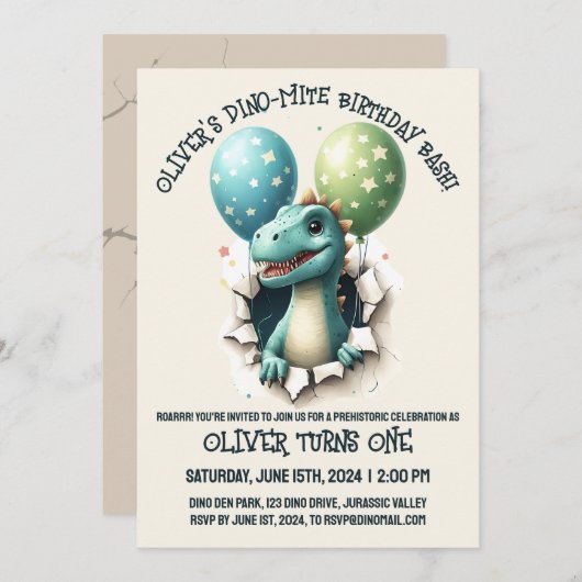 Dino-Mite Verjaardagsfeestje Kaart (Voorkant / Achterkant)
