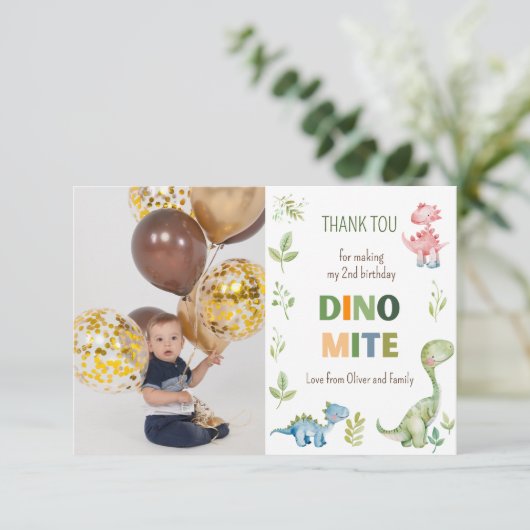 Dino-mite verjaardagsfoto  bedankkaart (Staand voorkant)