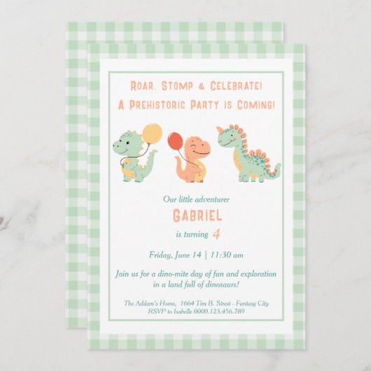 Dino-Mite verjaardagsuitnodiging – Roar, Stomp & C Kaart (Voorkant / Achterkant)