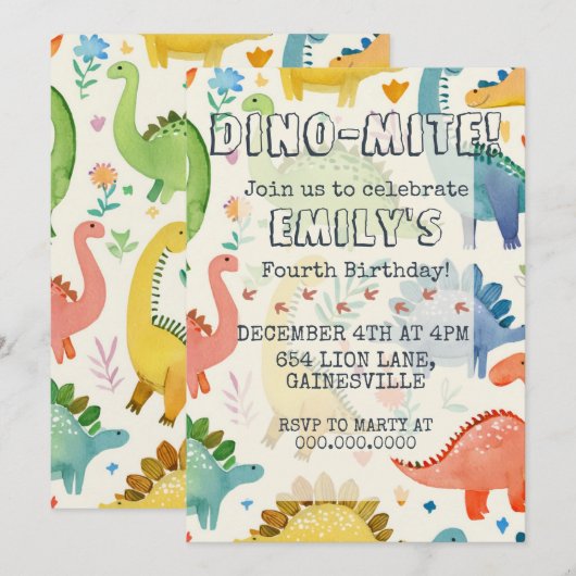 DINO-MITE Waterverf Dinosaur Kids Verjaardagsfeest Kaart (Voorkant / Achterkant)