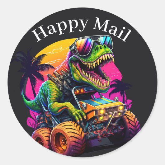 Dino Monster Truck Happy Mail Ronde Sticker (Voorkant)