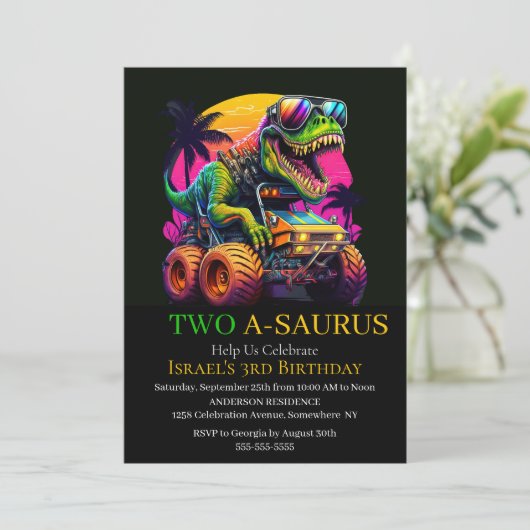 Dino Monster Truck Party uitnodiging (Staand voorkant)