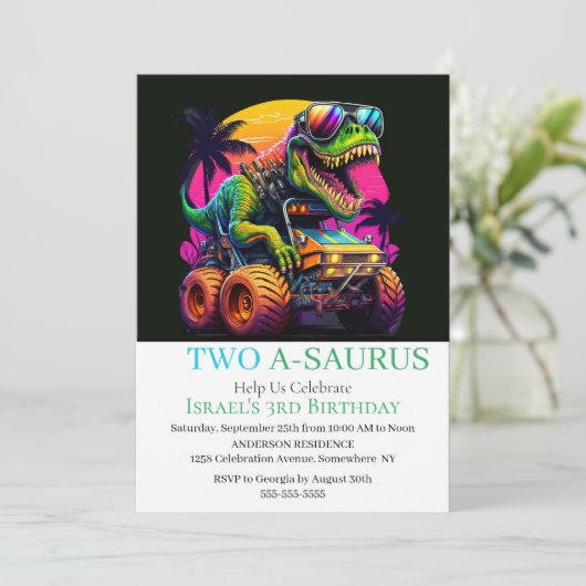 Dino Monster Vrachtwagen Verjaardagsfeest Uitnodig Kaart (Staand voorkant)