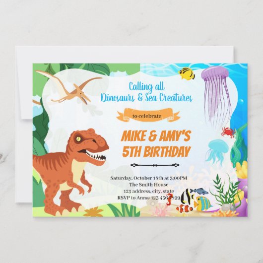 Dino onder de zee gezamenlijk feest kaart (Voorkant)
