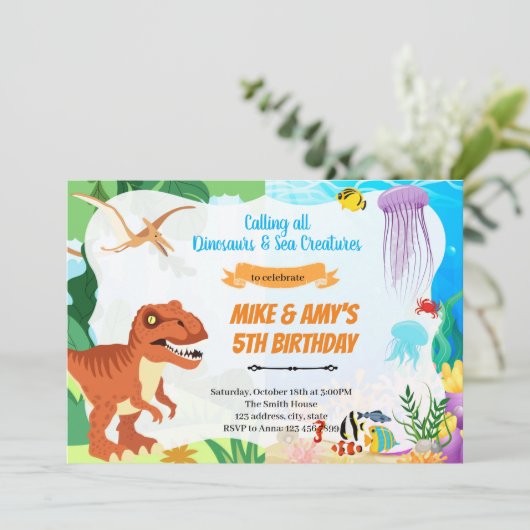 Dino onder de zee gezamenlijk feestje kaart (Staand voorkant)