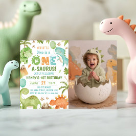 Dino One-A-Saurus 1e verjaardagsfeestje foto Kaart