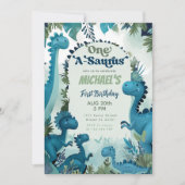 Dino One-A-Saurus Jongen Blauw 1e Verjaardagsfeest Kaart (Voorkant)