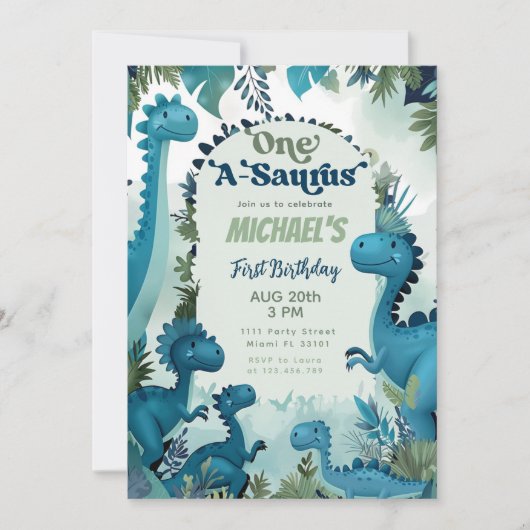 Dino One-A-Saurus Jongen Blauw 1e Verjaardagsfeest Kaart (Voorkant)