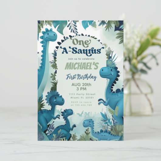 Dino One-A-Saurus Jongen Blauw 1e Verjaardagsfeest Kaart (Staand voorkant)
