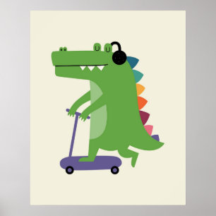 Dino op een step met koptelefoon Baby kids Poster