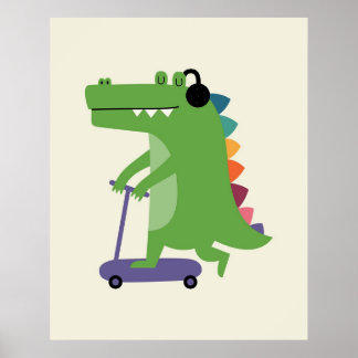 Dino op een step met koptelefoon Baby kids  Poster