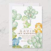 Dino Party 1e Verjaardag Waterverf Ballonnen Kaart (Voorkant)
