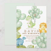 Dino Party 1e Verjaardag Waterverf Ballonnen Kaart (Voorkant / Achterkant)