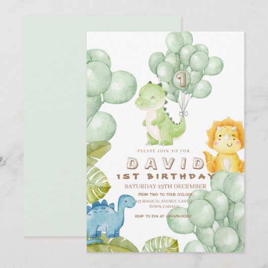 Dino Party 1e Verjaardag Waterverf Ballonnen Kaart (Voorkant / Achterkant)