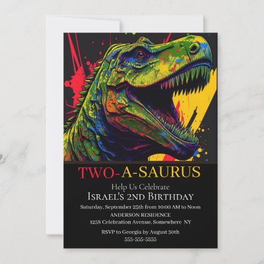 Dino Party 2e verjaardag uitnodiging (Voorkant)