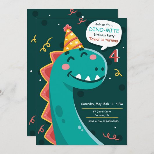 Dino Party Birthday Kaart (Voorkant / Achterkant)