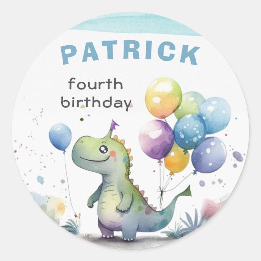 Dino Party Blue Waterverf Boy Verjaardag Ronde Sticker (Voorkant)