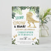 Dino Party Boy Gold Dinosaur Birthday Kaart (Staand voorkant)