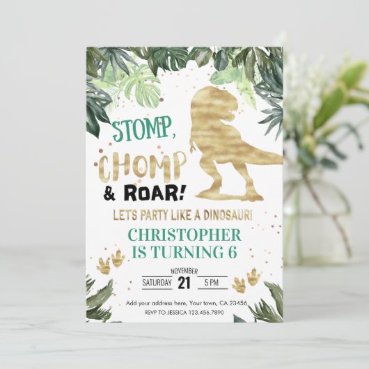 Dino Party Boy Gold Dinosaur Birthday Kaart (Staand voorkant)