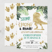 Dino Party Boy Gold Dinosaur Birthday Kaart (Voorkant / Achterkant)