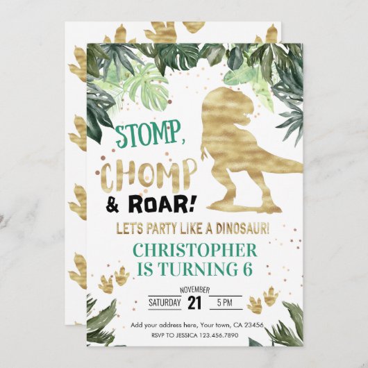 Dino Party Boy Gold Dinosaur Birthday Kaart (Voorkant / Achterkant)