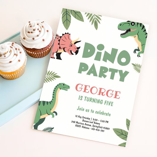 Dino Party Cute Dinosaur 5th Birthday Party Kaart