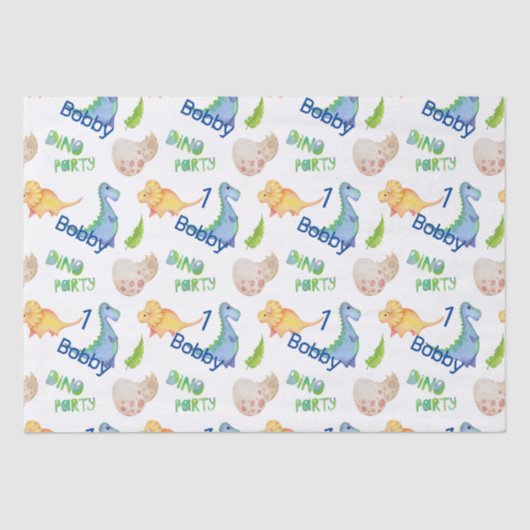 Dino Party Cute Dinosaur Birthday Boy Name & Age Tissuepapier (Voorkant)