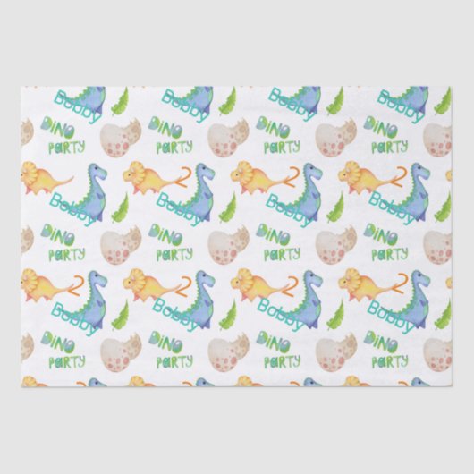 Dino Party Cute Dinosaur Birthday Boy Name & Age Tissuepapier (Voorkant)