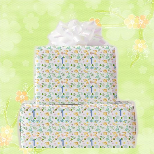 Dino Party Cute Dinosaur Birthday Boy Name & Age W Cadeaupapier