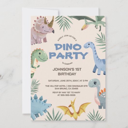 Dino Party | Cute Dinosaurs First Birthday Invitat Kaart (Voorkant)