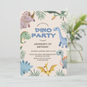 Dino Party | Cute Dinosaurs First Birthday Invitat Kaart (Staand voorkant)