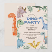 Dino Party | Cute Dinosaurs First Birthday Invitat Kaart (Voorkant / Achterkant)